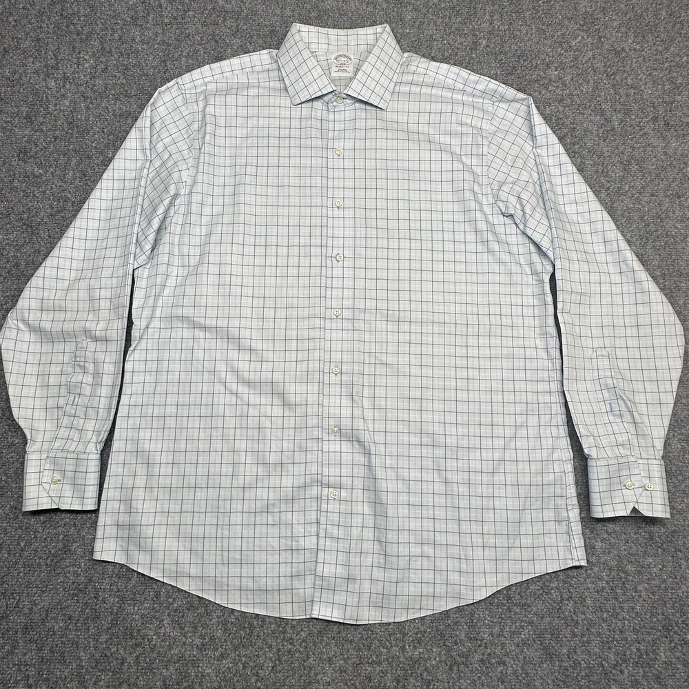 Brooks Brothers Shirt 17.5 6/7 Blue Windowpane Non-Iron Regent‎ Fit